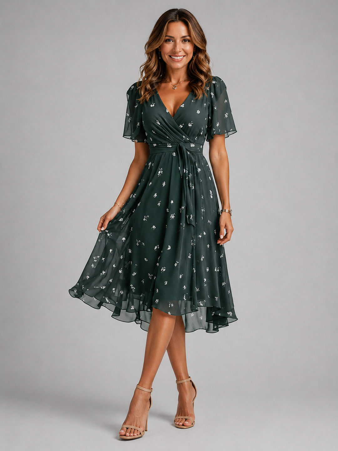 Stylish women's floral wrap midi dress, offering a flattering fit with tummy control for all occasions.