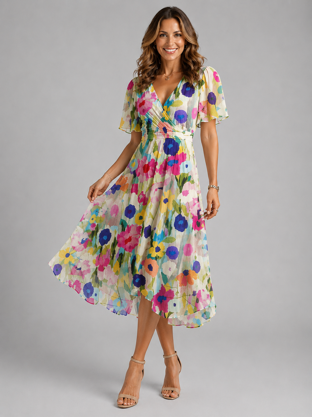 Vibrant women's floral midi dress featuring a beautiful pattern, comfortable and flattering tummy control.