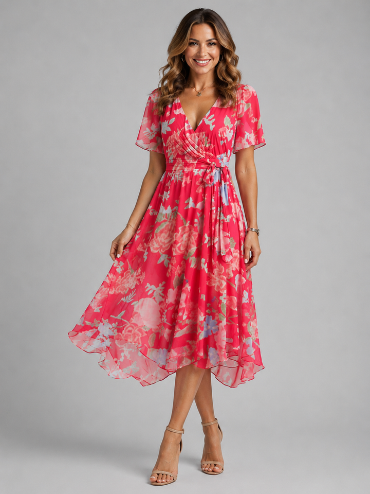 Elegant floral midi dress for women, ideal for summer days, vacations, or evening wear with tummy control.