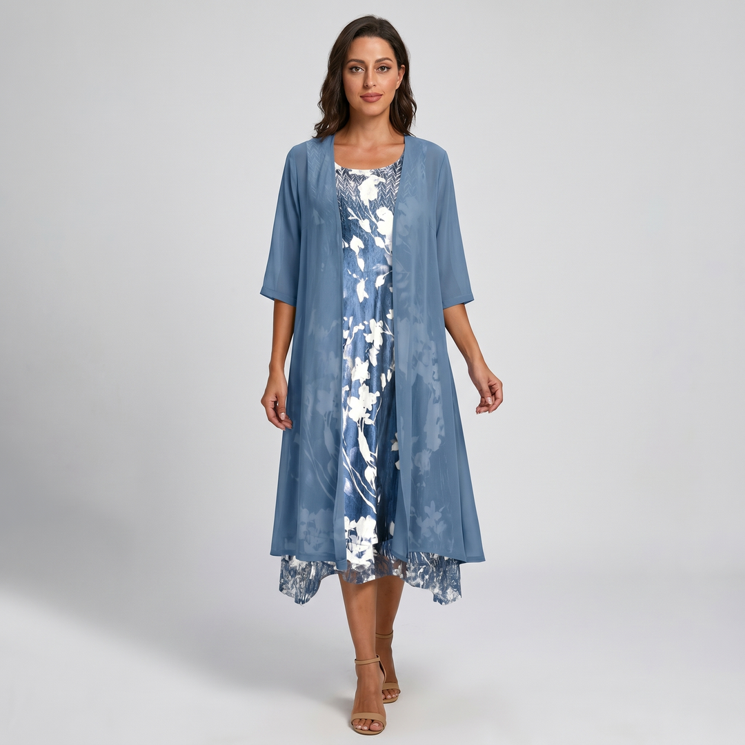 Chic women's elegant layered midi dress. Open front, perfect for sophisticated summer events & holiday attire.