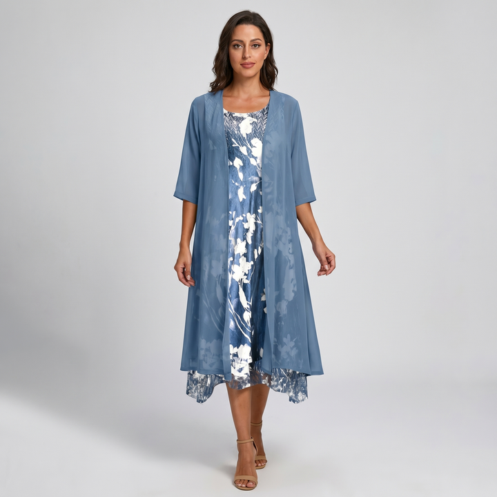 Chic women's elegant layered midi dress. Open front, perfect for sophisticated summer events & holiday attire.