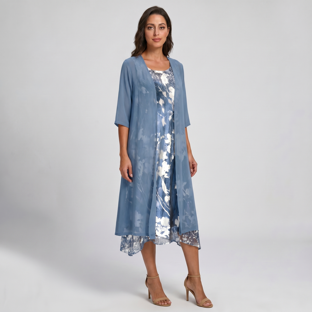 Comfortable & stylish women's layered open front midi dress. Flowy summer wear for elegant or casual feminine looks.