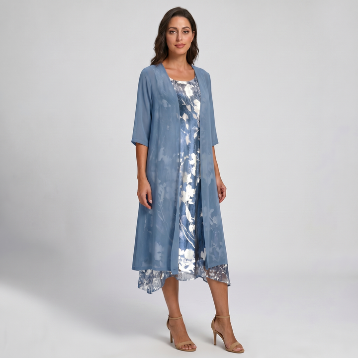 Comfortable & stylish women's layered open front midi dress. Flowy summer wear for elegant or casual feminine looks.