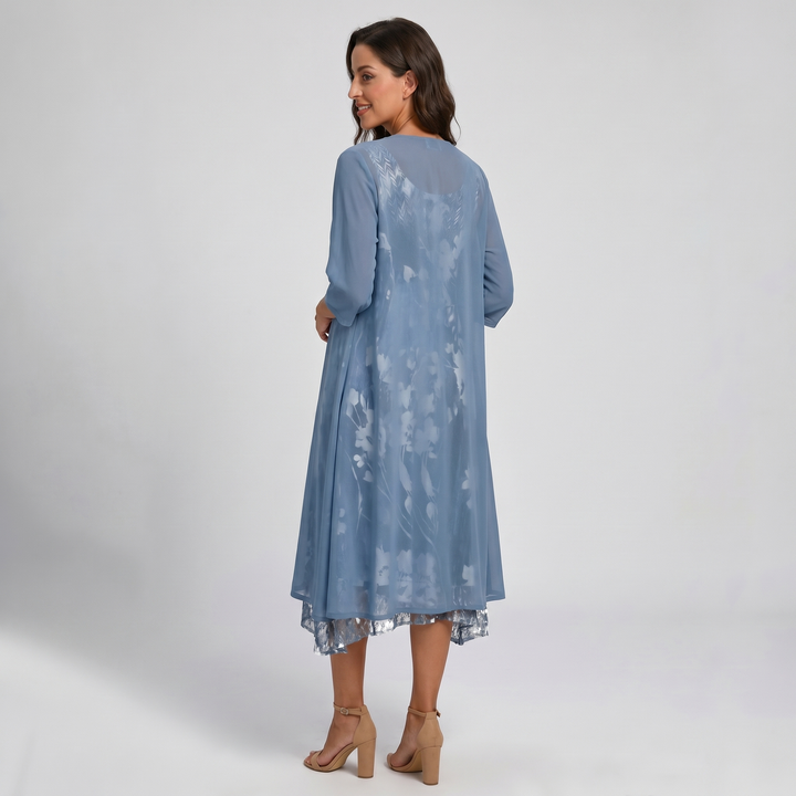 Women's elegant layered open front midi dress. Flowy, versatile for summer casual, holiday, or feminine style.