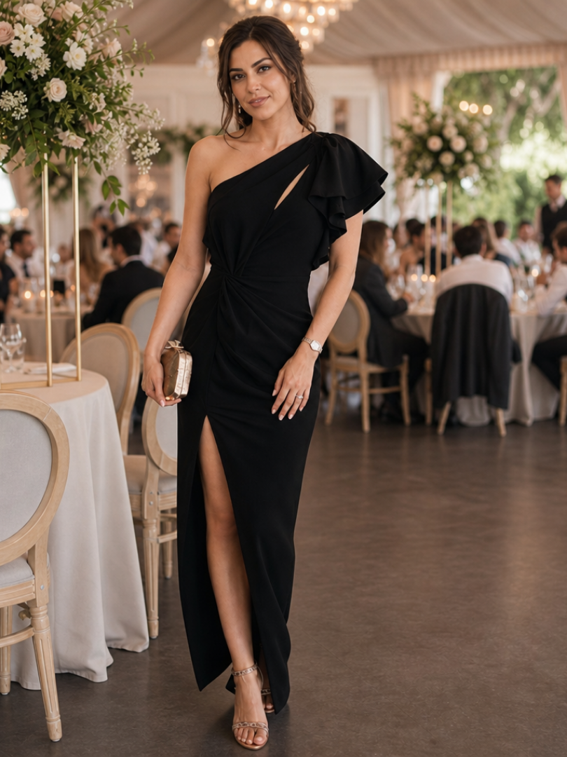 Stylish women's one shoulder midi dress. Perfect elegant summer dress for parties, vacation & chic events.