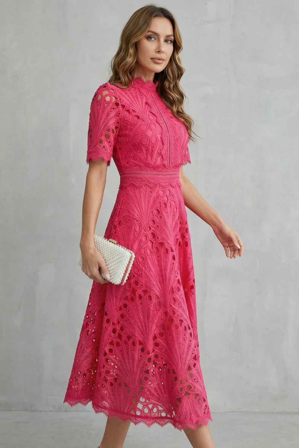 Stylish rose red women's summer midi dress, ideal for elegant cocktail parties and formal event wear.