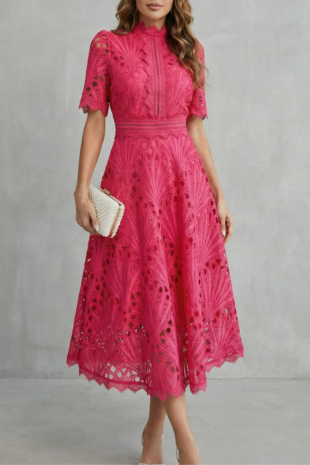 Elegant rose red women's midi dress, perfect for wedding guests, summer parties, or cocktail events.