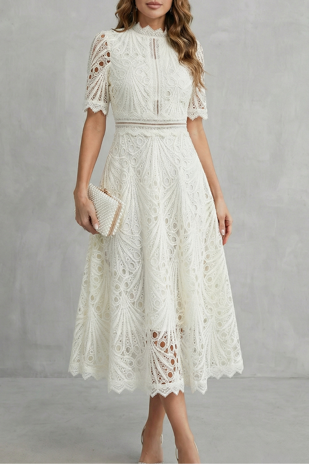 Flattering white midi dress for women, versatile for summer events, formal occasions, or wedding guests.