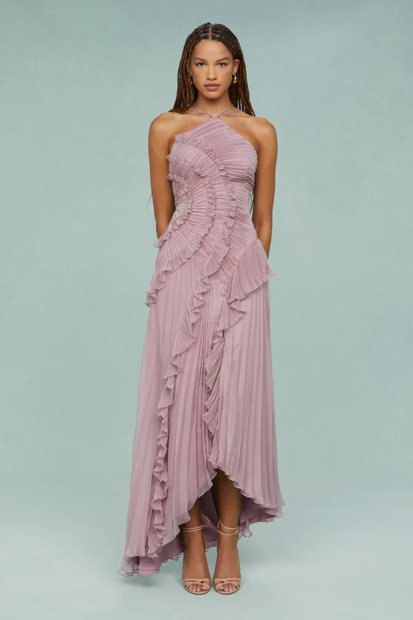Beautiful women's pleated maxi dress featuring delicate ruffles, perfect for elegant occasion wear.