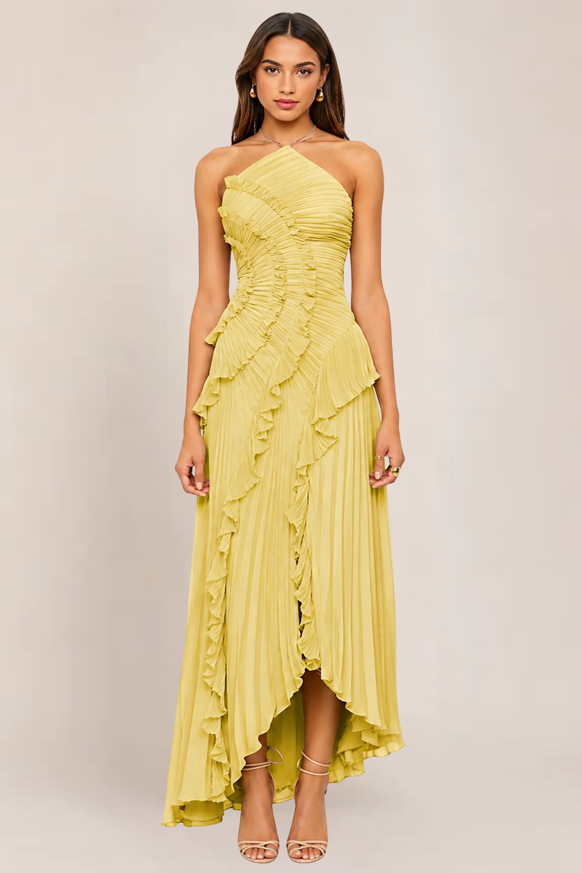 Stylish women's pleated ruffled maxi dress, perfect for summer vacations & elegant beach events.