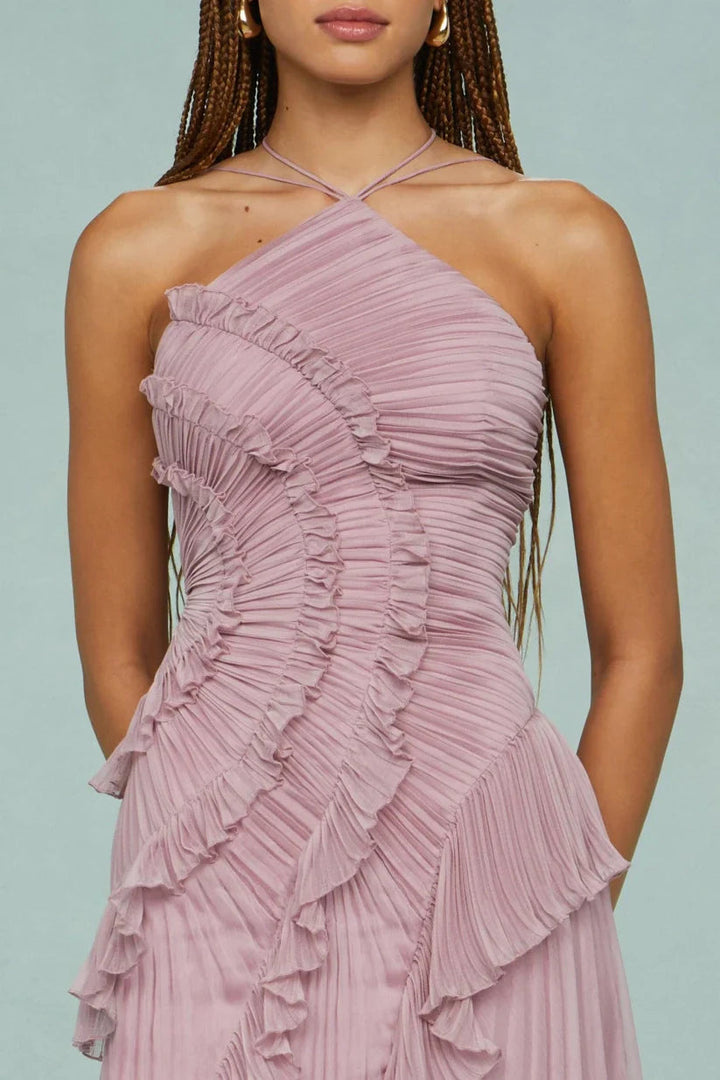 Graceful women's flowy maxi dress, intricately pleated with ruffles, great for elegant events.