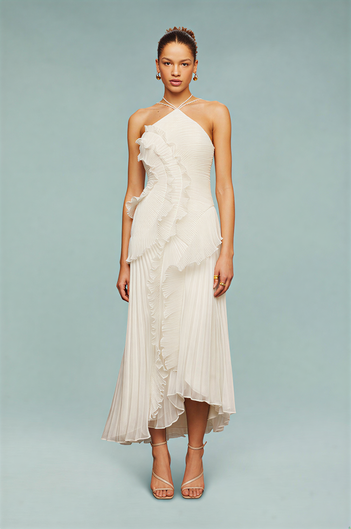 Women's elegant pleated ruffled maxi dress, a chic and flowy option for wedding guests.