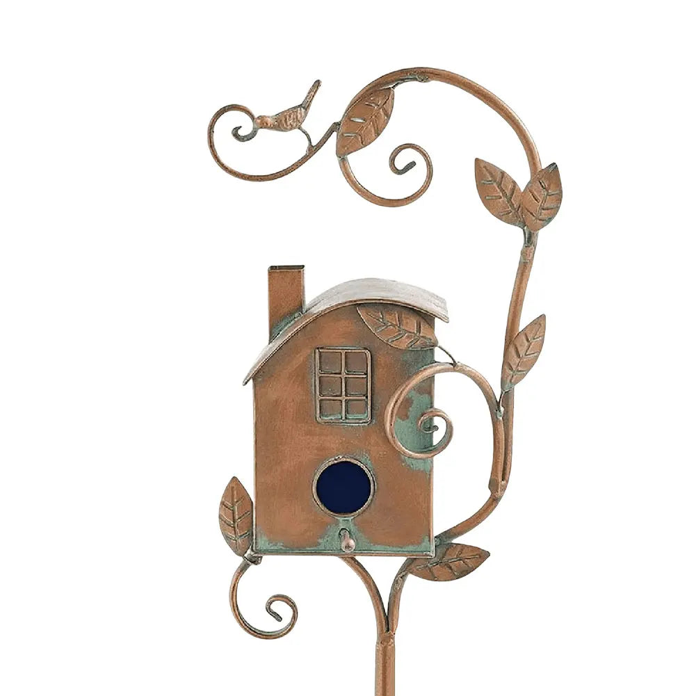 Unique double entry metal birdhouse, an ideal rustic garden accent and backyard bird feeder.