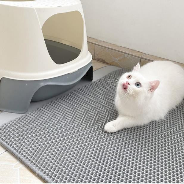 Double-layer anti-spill cat litter mat in grey, captures stray litter easily and is waterproof for clean floors.