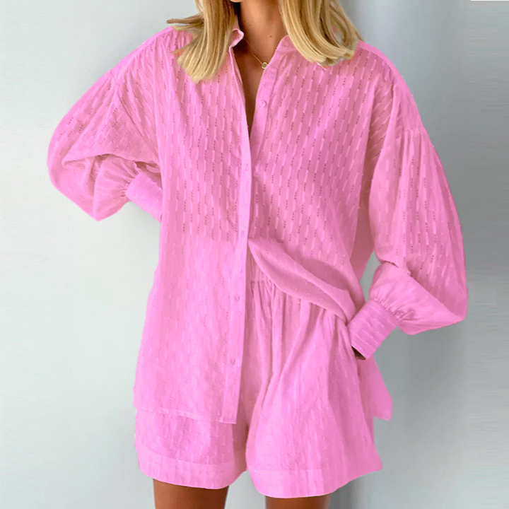 Chic women's two-piece cotton blend outfit. Stylish and comfortable for summer holidays & casual spring fashion.
