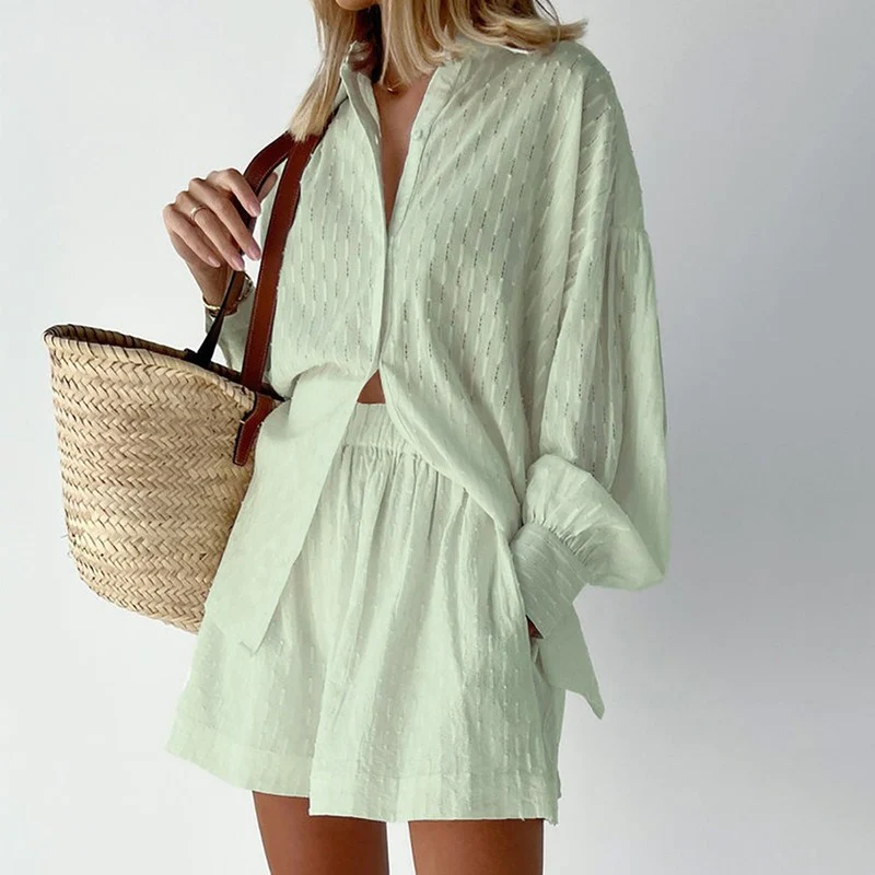 Fashionable women's two-piece set in a soft cotton blend. Stylish loungewear or casual spring/summer outfit.