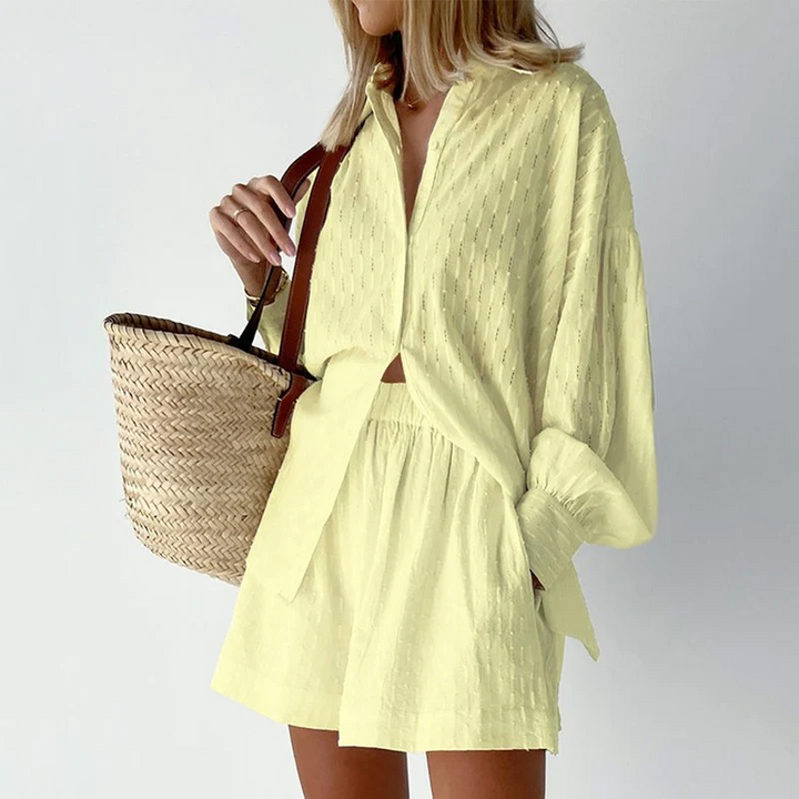 Versatile women's two-piece cotton blend outfit. Stylish casual wear for spring, summer, or comfortable loungewear.
