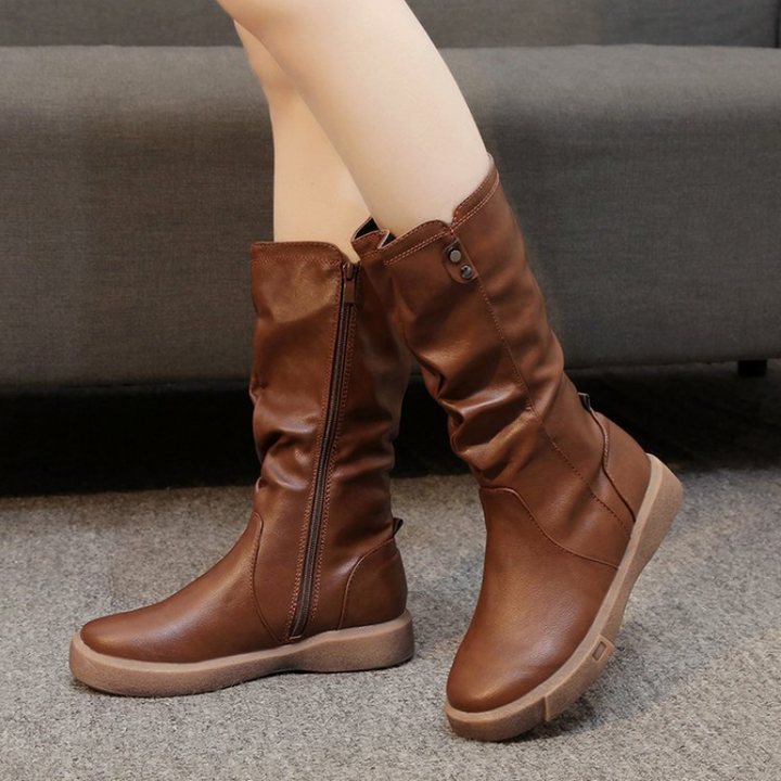 Women's mid-calf boots with side zipper, low heel for everyday comfort & casual fall fashion.