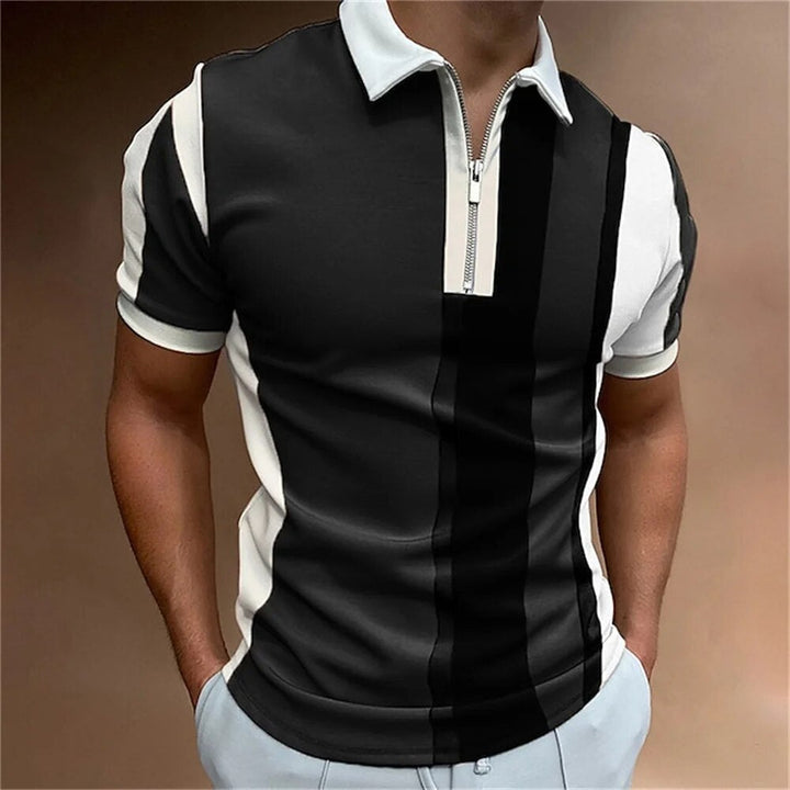Men's tailored striped polo shirt, short sleeve, combining casual comfort with smart style.