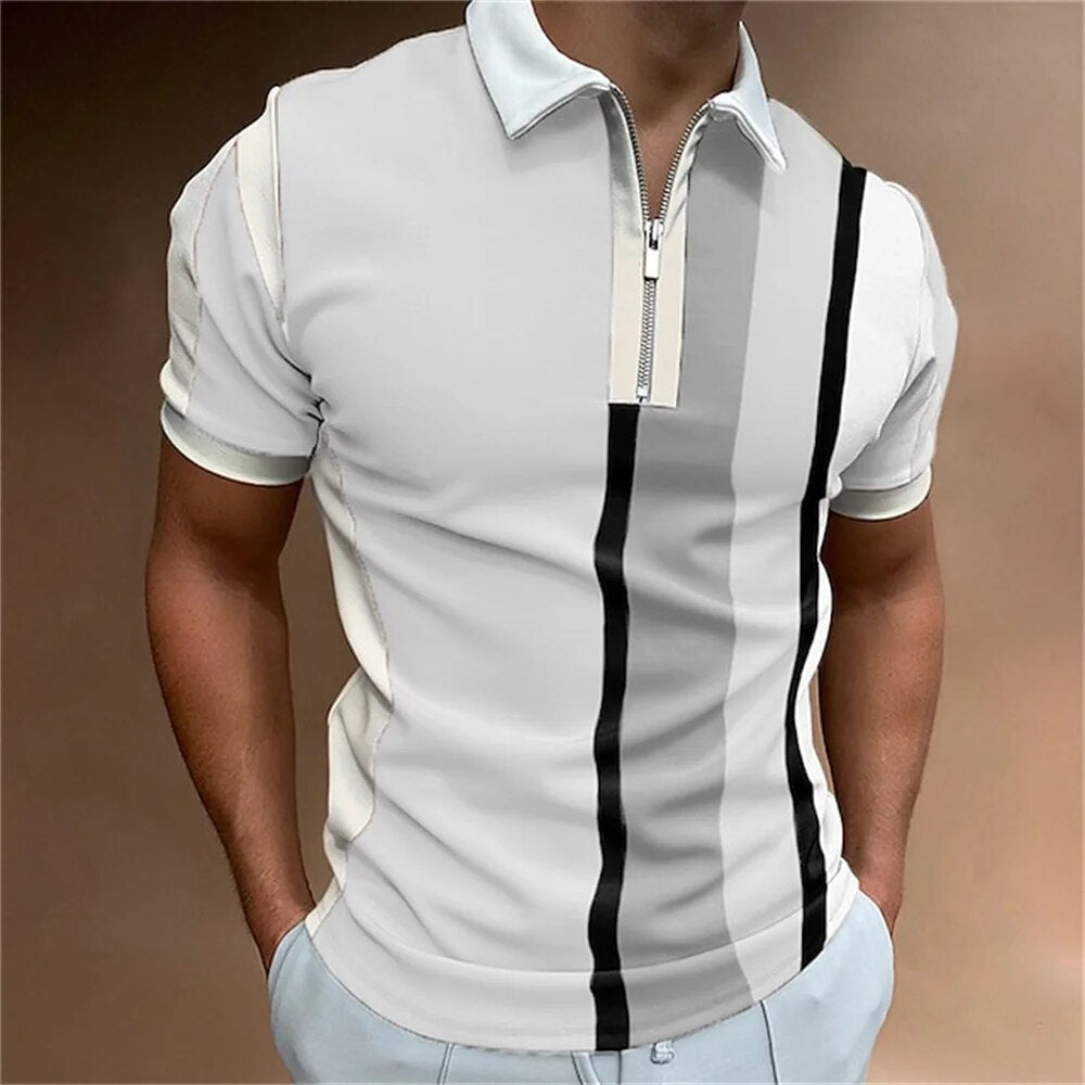 Tailored men's polo shirt with classic stripes, short sleeves, offering a modern, comfortable fit for fashion.