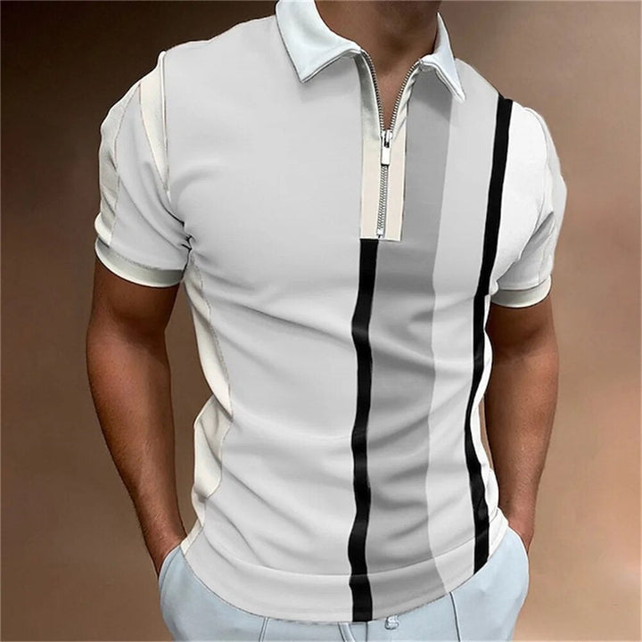 Tailored men's polo shirt with classic stripes, short sleeves, offering a modern, comfortable fit for fashion.
