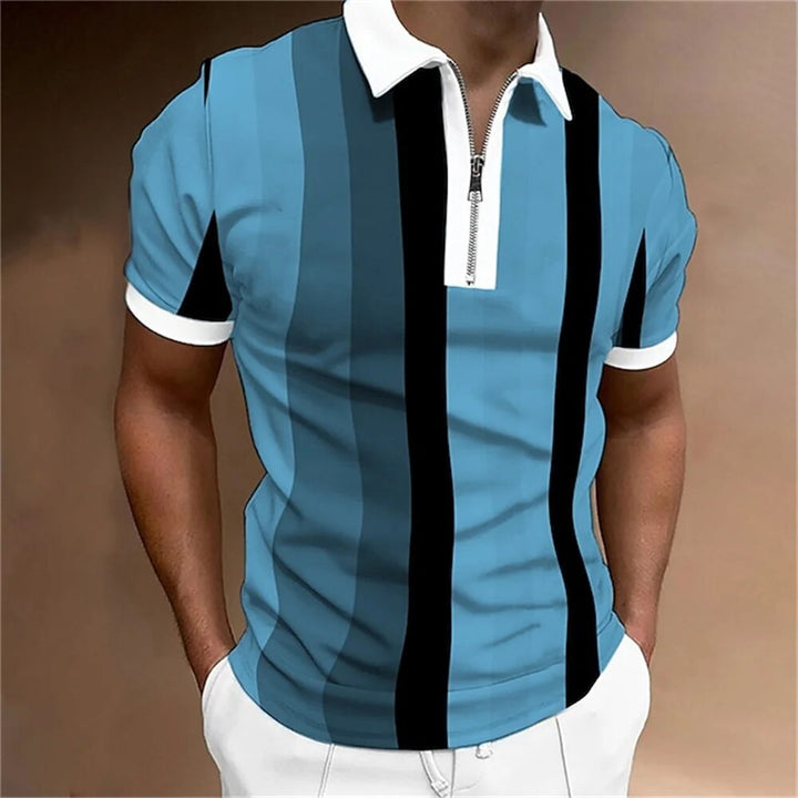 Detailed view of men's tailored striped polo shirt fabric, showing texture and precise short sleeve design.