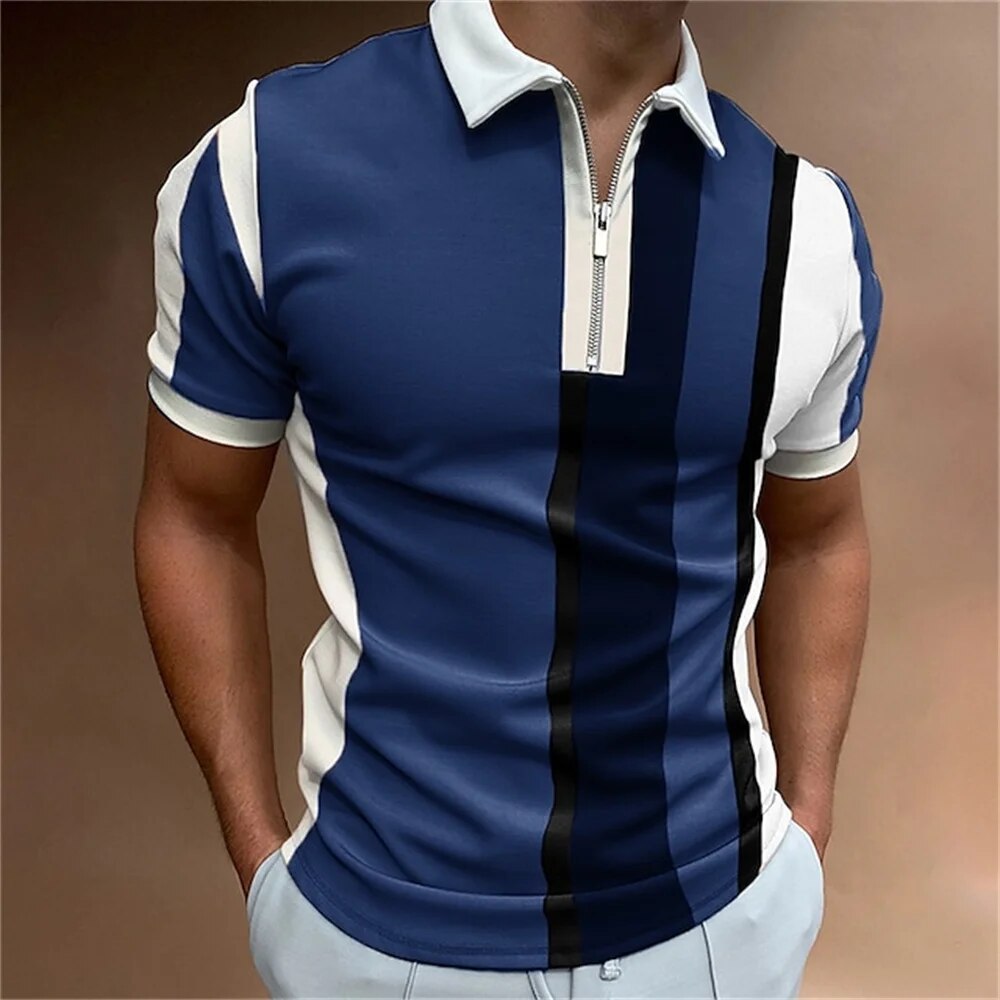Comfortable men's short sleeve striped polo shirt, ideal for smart-casual events or relaxed daily wear.