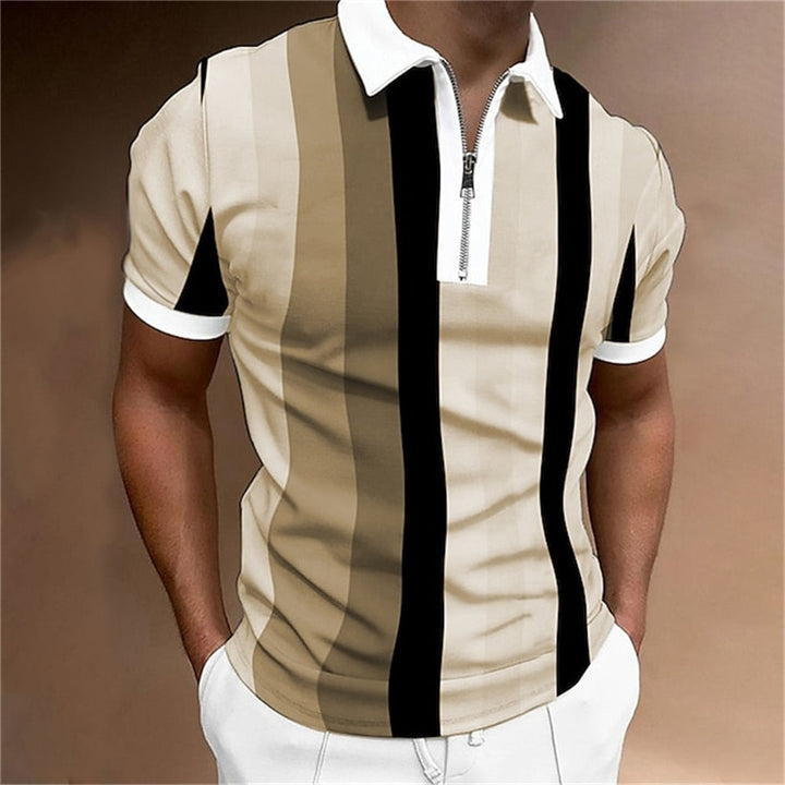 Man wearing a stylish, tailored striped polo shirt with short sleeves, suitable for various casual settings.