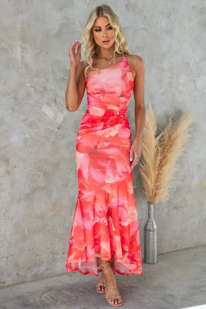 Purple one-shoulder maxi dress, women's elegant pleated summer dress for occasion wear.