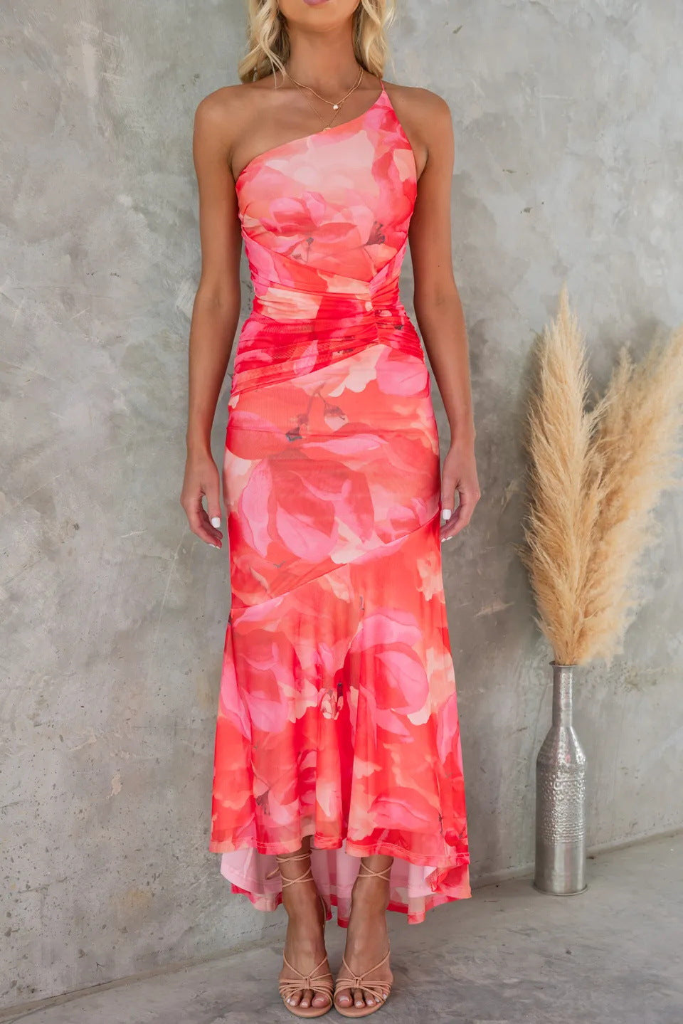 Blue pleated one-shoulder maxi dress for women, a stylish and comfortable summer party dress.