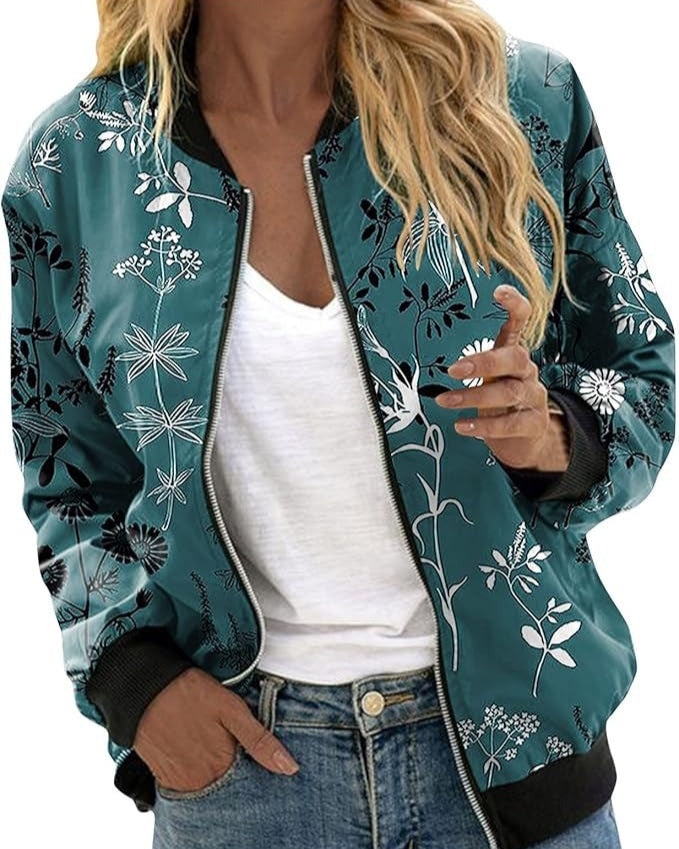 Elegant women's floral bomber jacket, light, comfortable, and stylish for versatile fashion appeal.