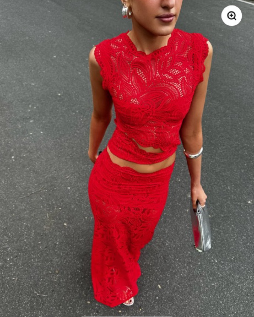 Elegant red lace two-piece set for women, featuring a chic crop top and matching skirt, perfect for party or evening wear.