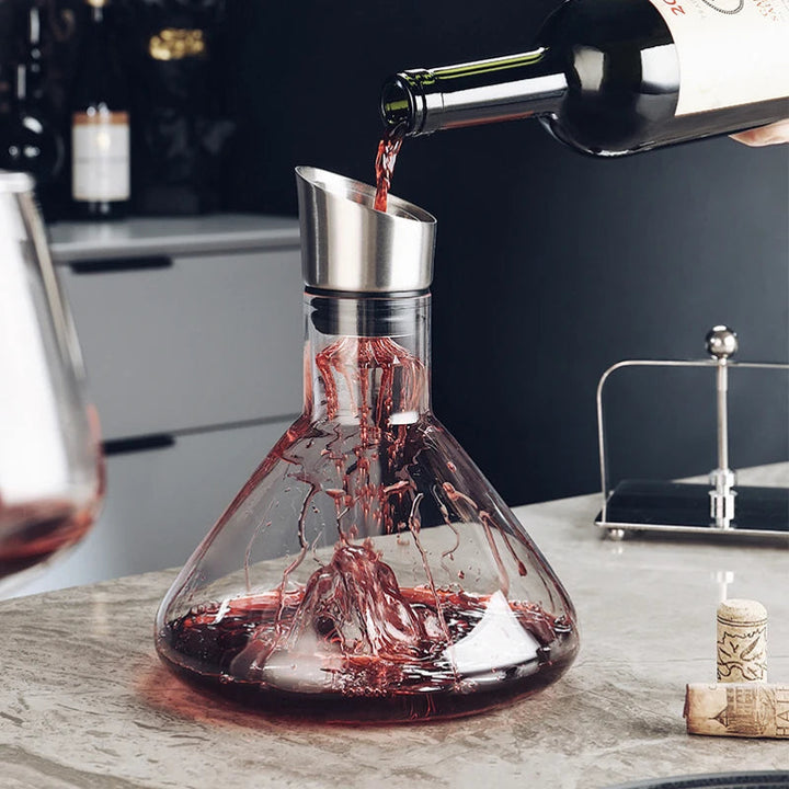 Elegant crystal wine decanter with integrated aerator & filter, a perfect luxury wine accessory or sommelier gift.