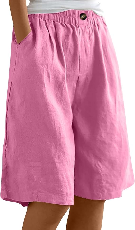 Versatile women's casual shorts, relaxed fit with elastic waist & pockets, essential for summer comfort.