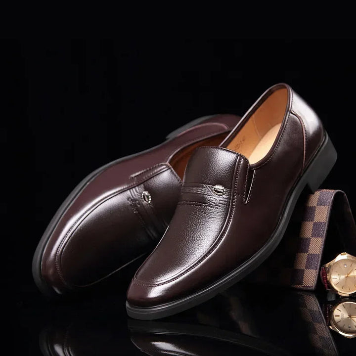 Elegant men's classic leather loafer dress shoes, perfect for formal occasions, office wear & sophisticated events.