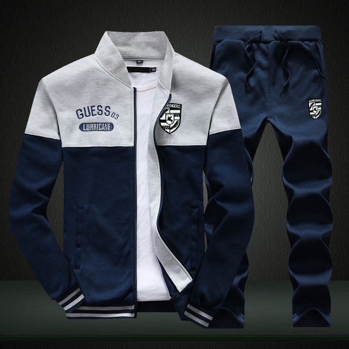 White & blue men's athletic tracksuit. Comfortable baseball jacket & track pants for running or loungewear.