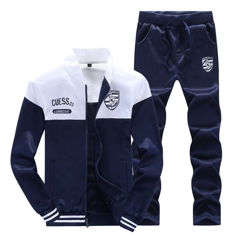 Comfortable men's white & blue baseball tracksuit. Sporty athletic loungewear ideal for gym or casual activities.