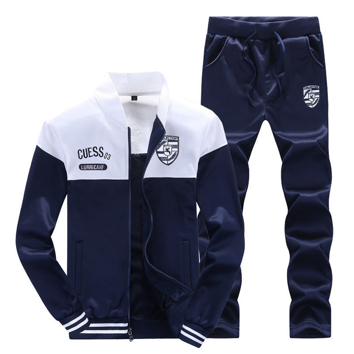 Comfortable men's white & blue baseball tracksuit. Sporty athletic loungewear ideal for gym or casual activities.
