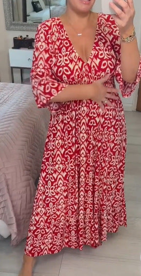 Beautiful women's elegant V-neck print maxi dress, a versatile and comfortable flowy option.