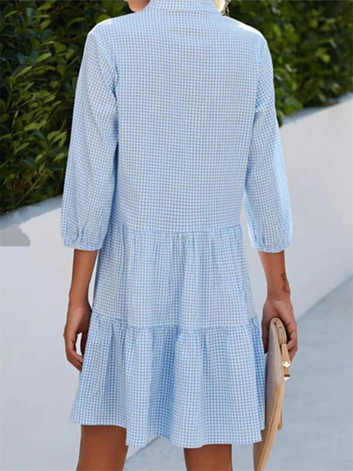 Stylish women's elegant checkered high neck midi dress, a versatile piece for fall and winter fashion.