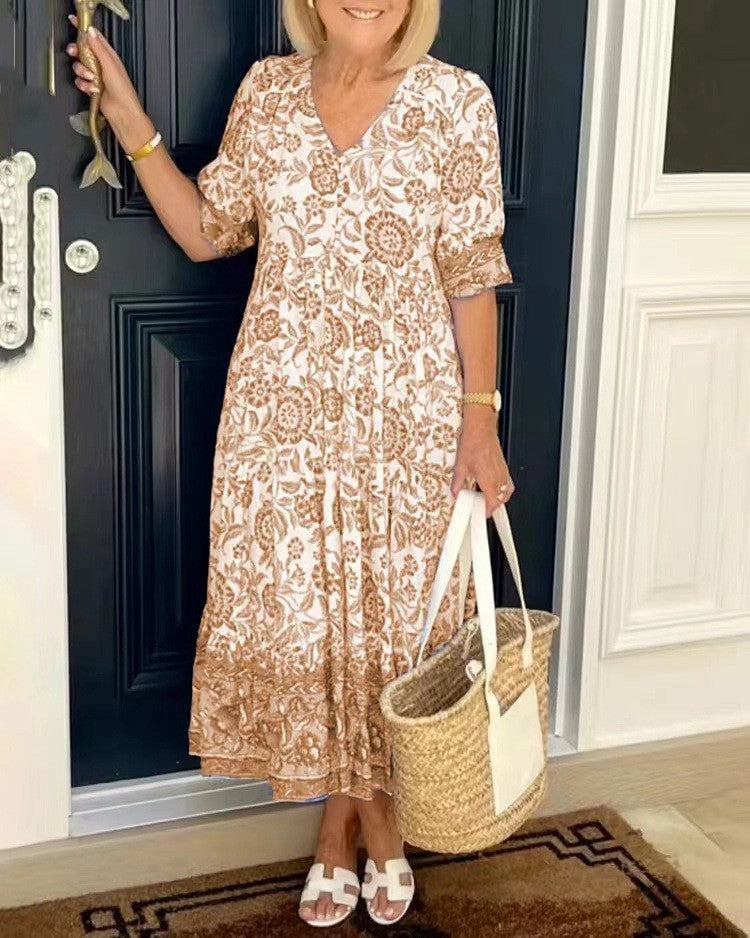 Casual summer V-neck print maxi dress for women, offering a comfortable flowy fit.