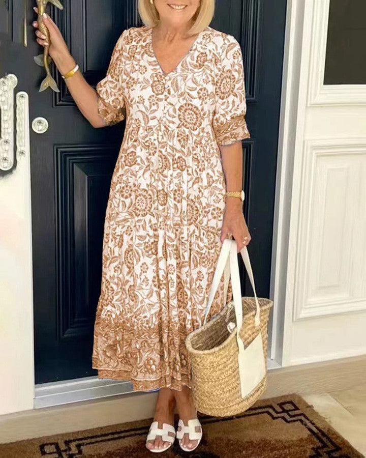 Casual summer V-neck print maxi dress for women, offering a comfortable flowy fit.