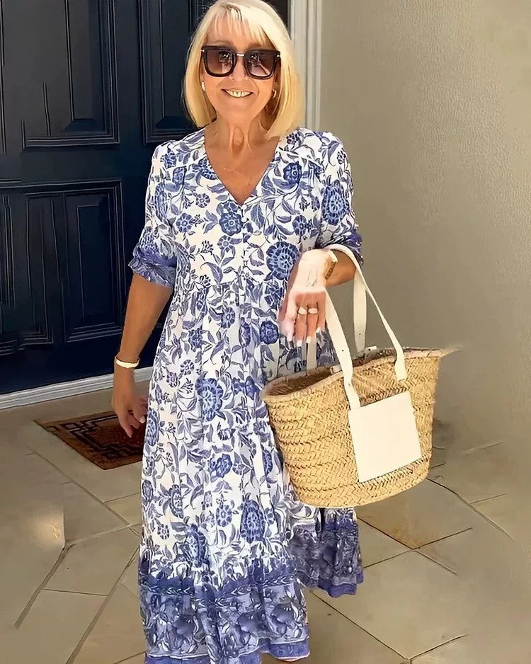 Versatile flowy print maxi dress for women, featuring a flattering V-neck design.