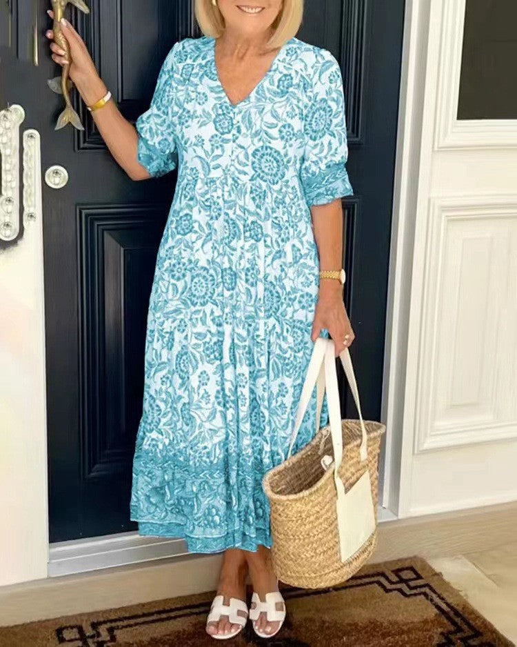 Women's flowy V-neck print maxi dress, ideal for summer casual wear.