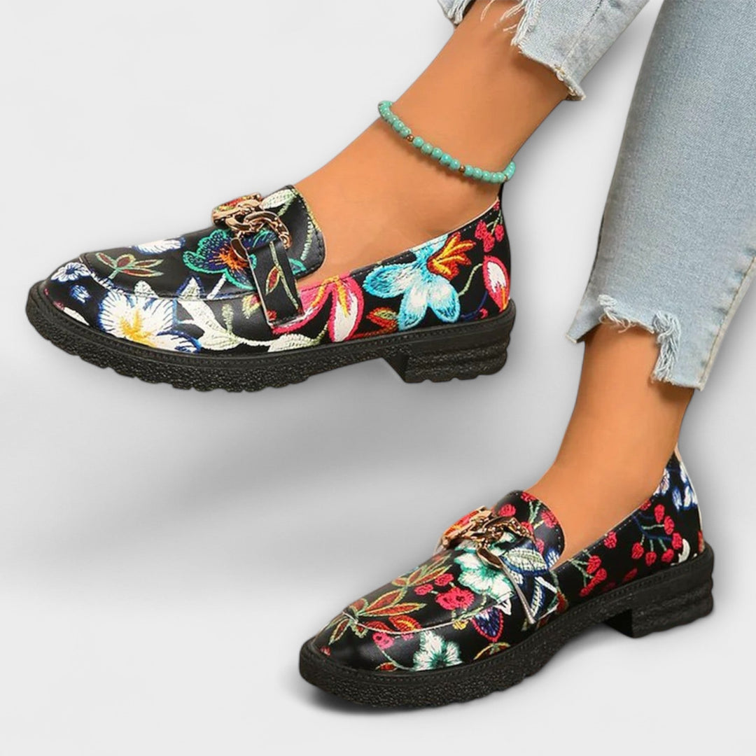 Women's bold multicolor slip-on loafers for trendy fashion. Versatile and comfortable everyday shoes.