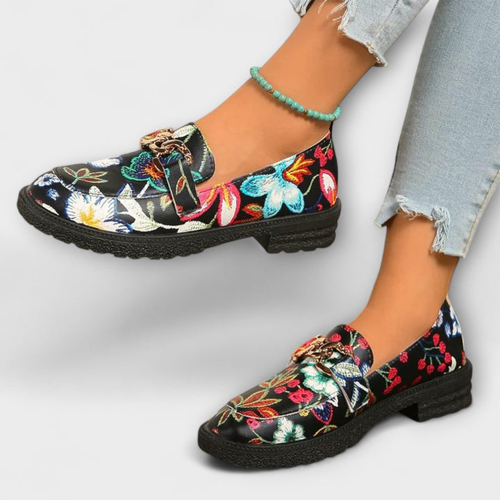 Women's bold multicolor slip-on loafers for trendy fashion. Versatile and comfortable everyday shoes.