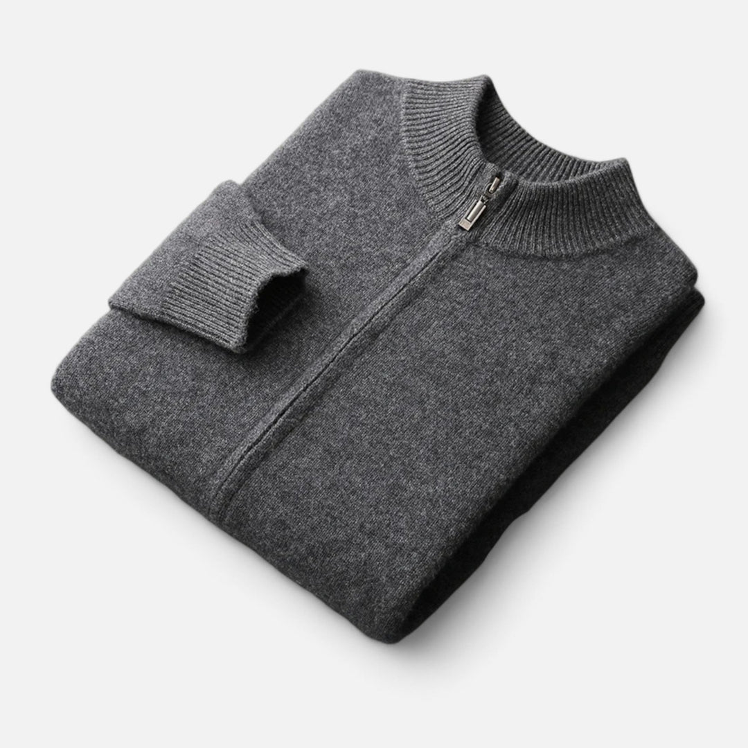 Men's grey zippered cardigan, showing a ribbed collar and cuffs, for a refined and comfortable look.