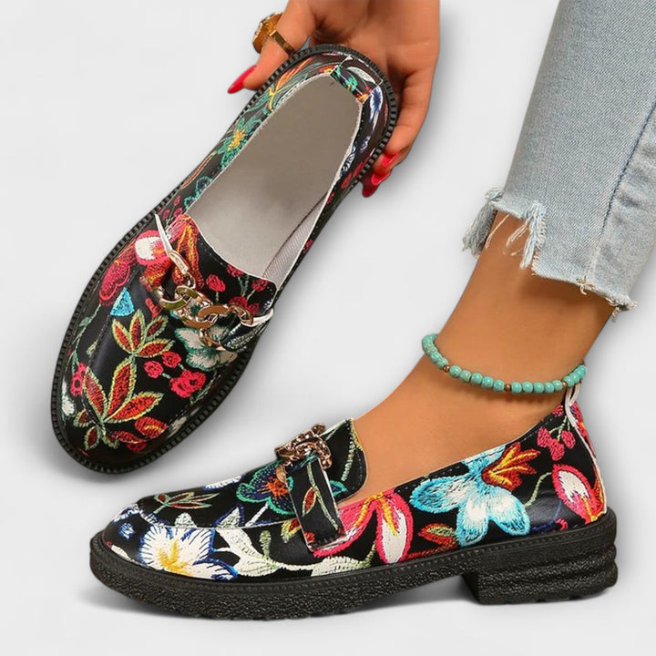 Eye-catching bold multicolor slip-on loafers for women, combining comfort with versatile casual style.