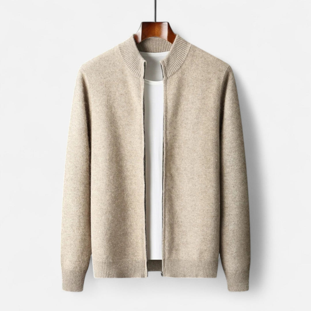 All-season men's zippered cardigan in a classic knit, perfect for adding style and warmth to outfits.