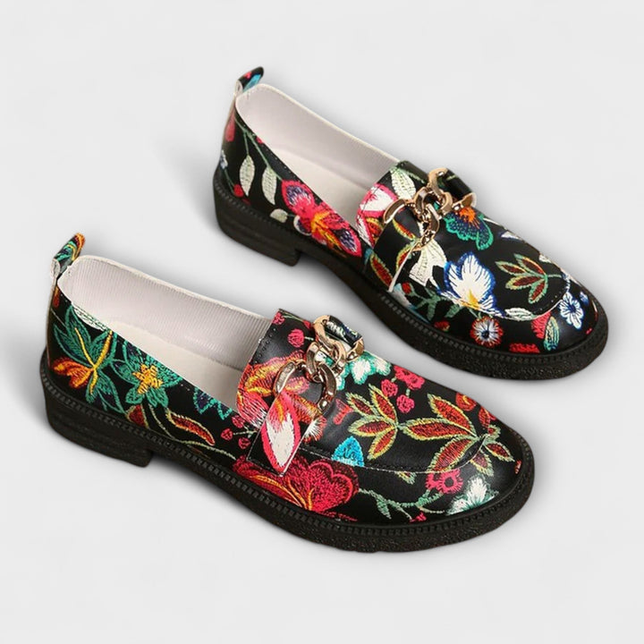 Bold design women's multicolor slip-on loafers, offering stylish comfort and versatile everyday footwear.